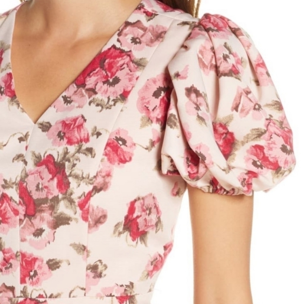 RACHEL Parcell Pink Brocade Floral Puff Sleeve Dress - Picture 8 of 17